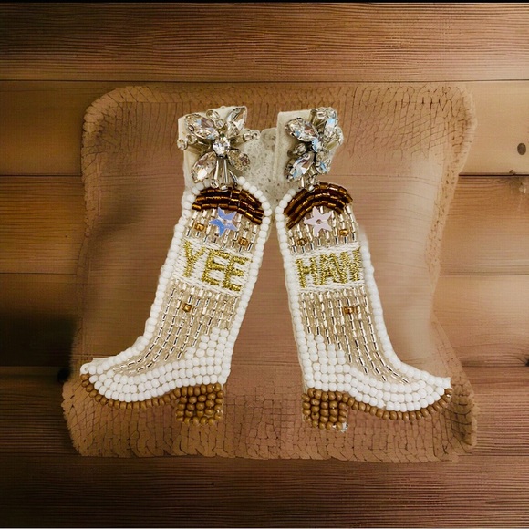 Jewelry - New Cowboy Boots Beaded Earrings Rhinestone White Yee Haw Western Rodeo Cowgirl